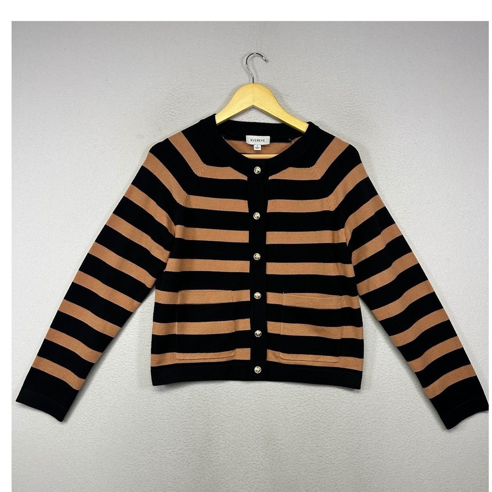 Preppy Evereve Womens Small Black Brown‎ Striped Gold Button Cardigan Sweater